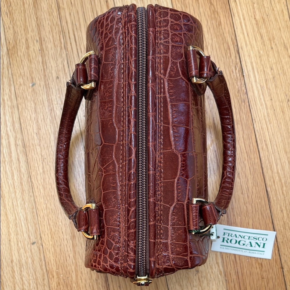 Italian Croc-Embossed Mini Satchel Burgundy/Brown Top-Handle Bag - Picture 3 of 7